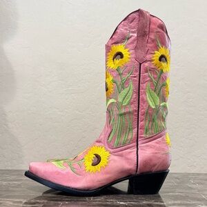 Pink Leather Sunflower Embroidered Cowboy Boots